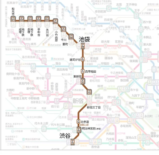 東京メトロ副都心線の路線図。
東京メトロのホームページより引用。
副都心線はみなとみらい線へ乗り入れしている。
和光市から池袋、新宿3丁目、渋谷を通り横浜へ向かうのにとても便利な路線です。